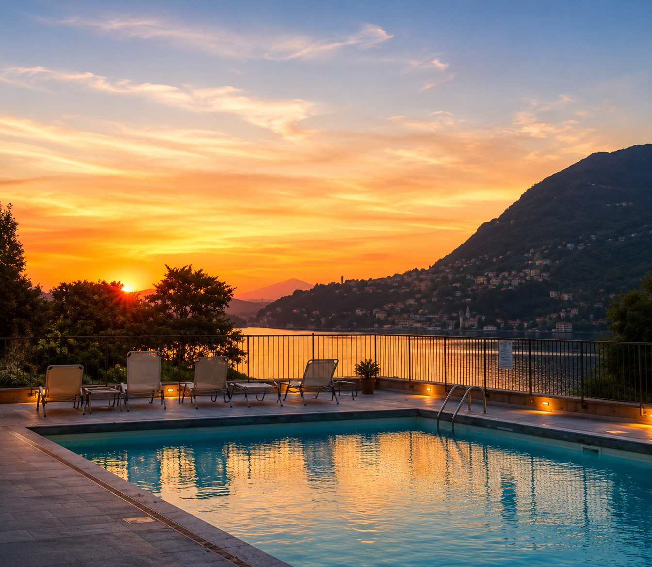 Shared pool overlooking Lake Como at sunset in Blevio
